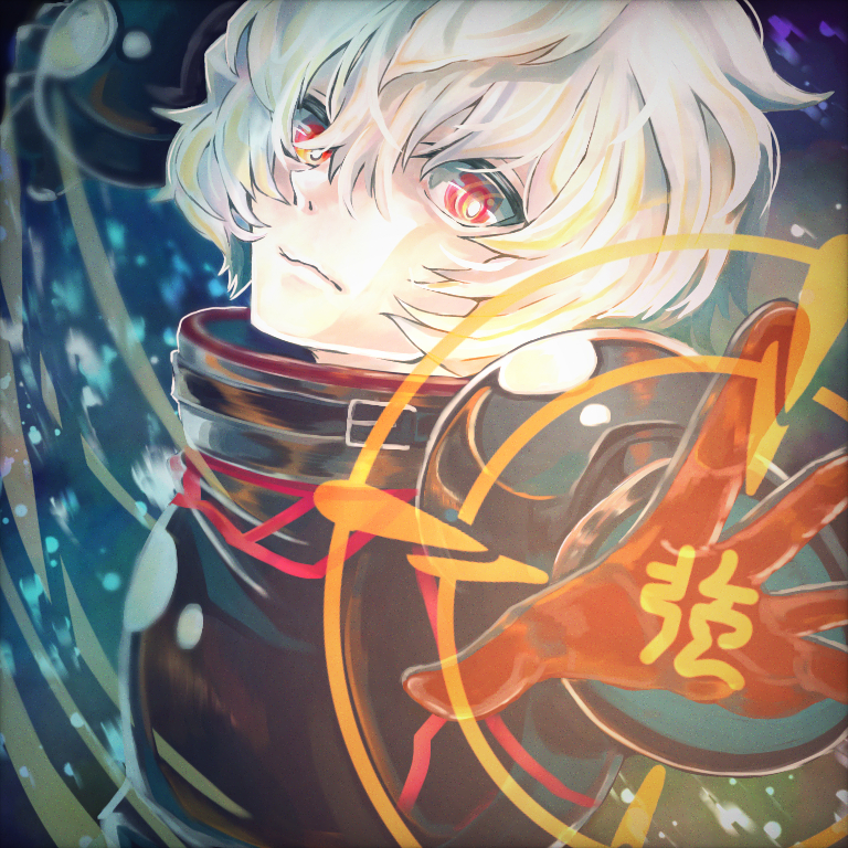 blue_eyes, closed_mouth, hair_between_eyes, kuga_yuuma, looking_at_viewer, male_focus, open_hand, reaching, reaching_towards_viewer, red_eyes, solo, syun_(ginmone), white_hair, world_trigger