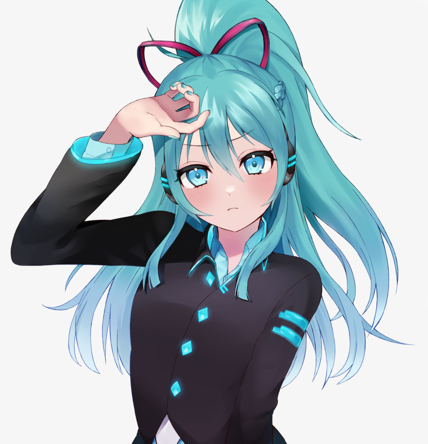 >:(, 1girl, absurdres, ahoge, aqua_eyes, aqua_nails, aqua_shirt, aqua_trim