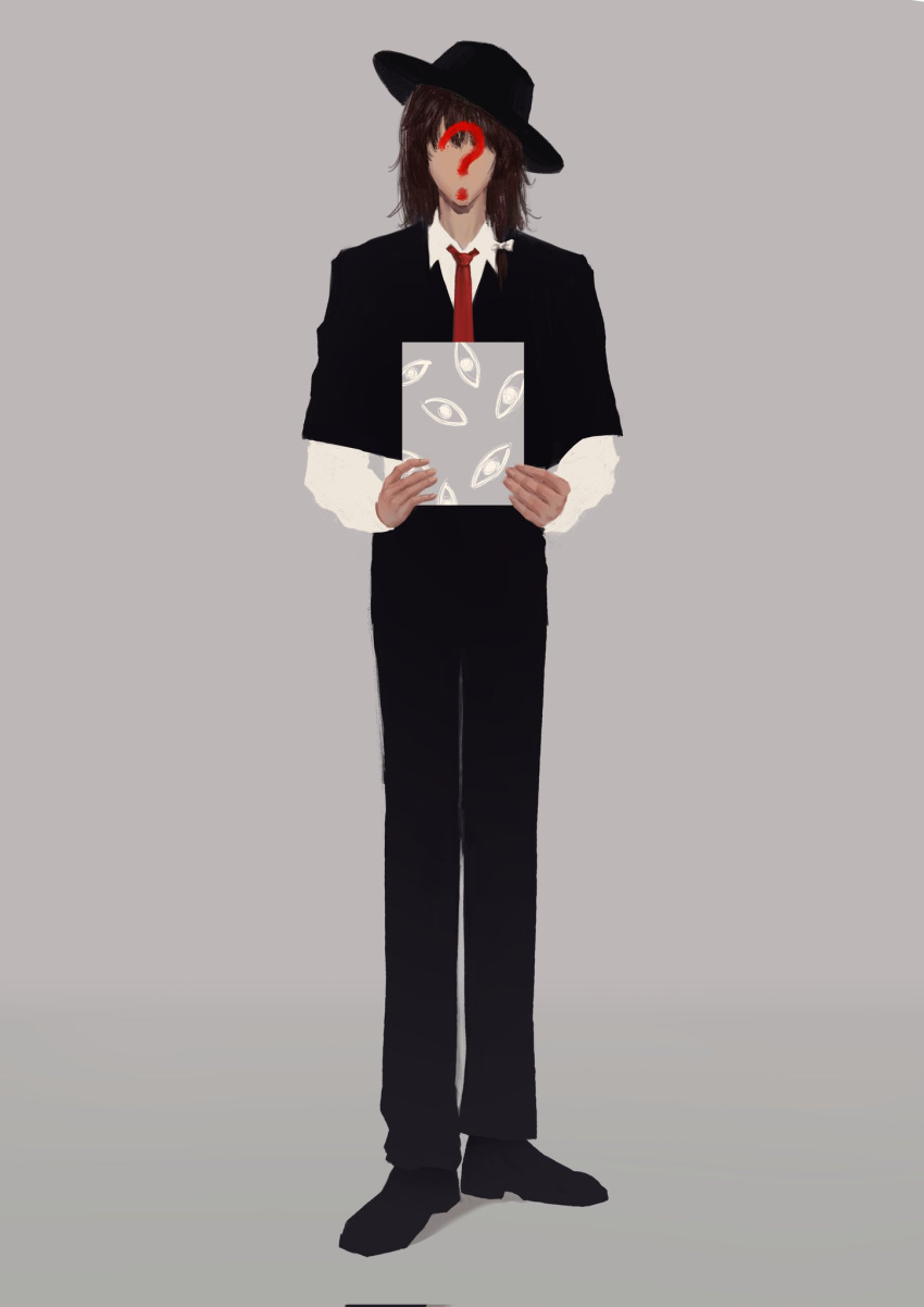 1boy, 320tbsyc, ?, black_hat, black_jacket, black_pants, black_shoes, book