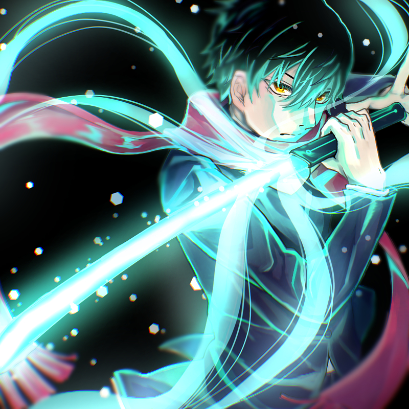 black_background, black_hair, holding, holding_sword, holding_weapon, looking_at_viewer, male_focus, miwa_shuuji
