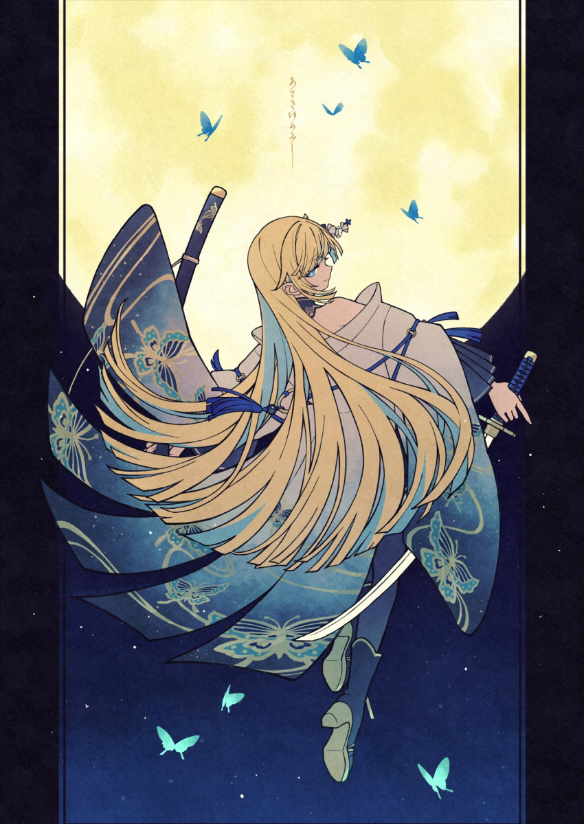 1girl, aizawa_ema, aizawa_ema_(5th_costume), animal_print, aqua_hair, blonde_hair, blue_boots, blue_butterfly