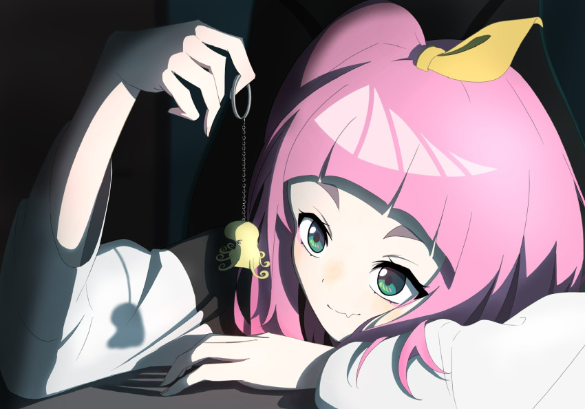 1girl, arched_bangs, charm_(object), closed_mouth, commentary, fang, green_eyes, hair_ribbon