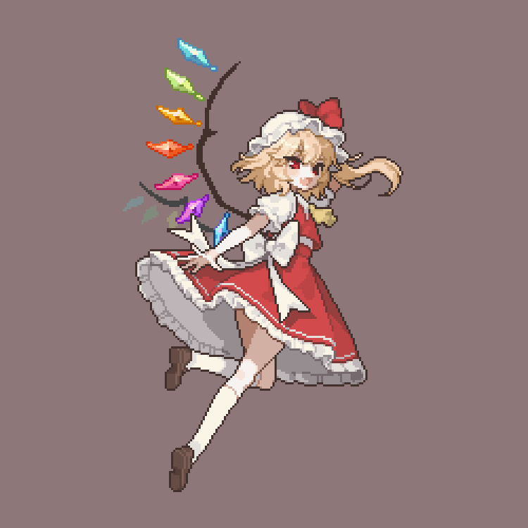 17antares, 1girl, arm_behind_head, ascot, blonde_hair, bow, brown_shoes, crystal_wings