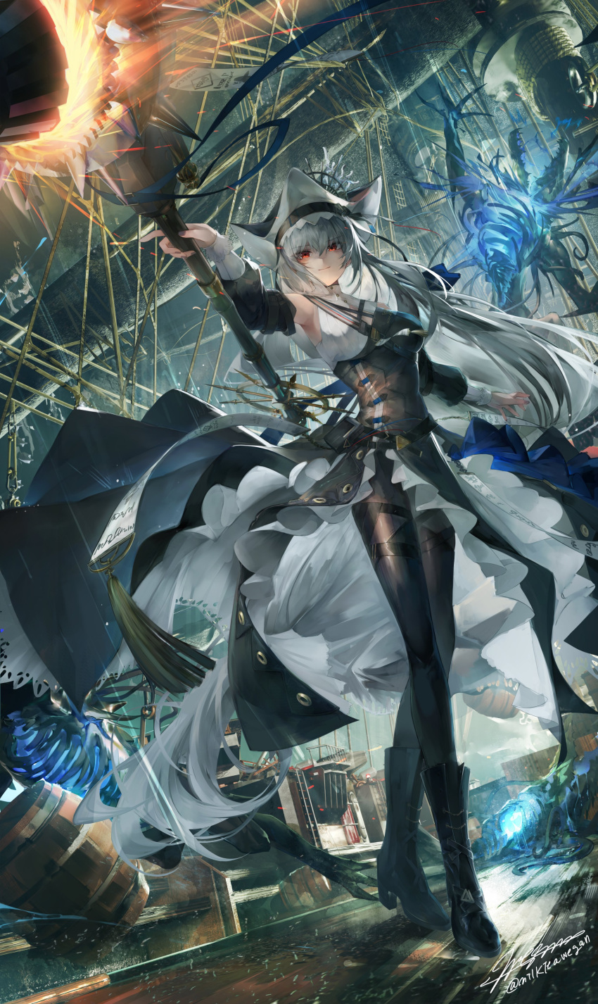 1girl, absurdres, arknights, arm_up, artist_name, barrel, black_boots, black_dress