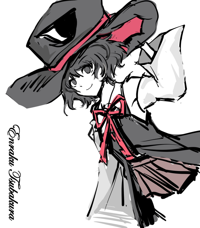 1other, androgynous, bare_shoulders, black_coat, black_hair, black_hat, brown_hakama, character_name