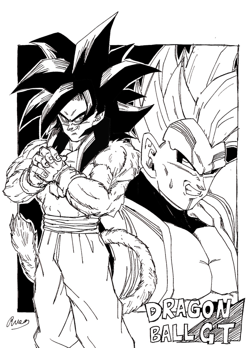 2boys, abs, baby_(dragon_ball), baby_vegeta, black_hair, blue_eyes, bodysuit, clenched_teeth