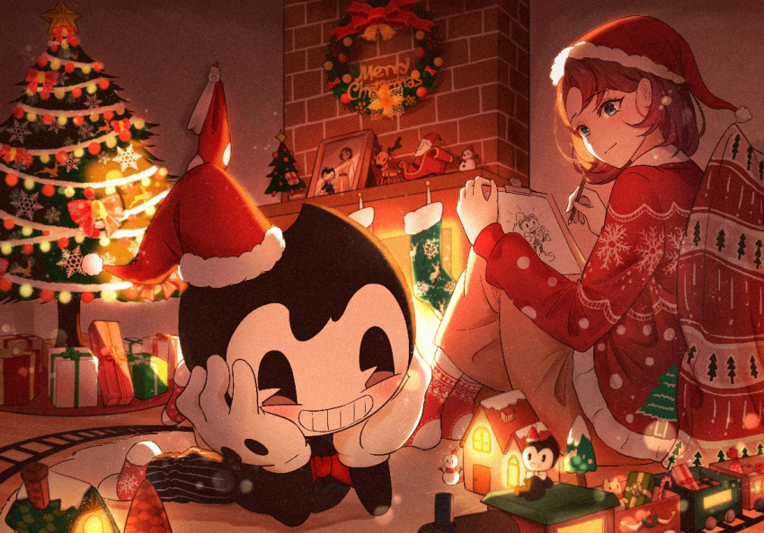 1boy, 1girl, :d, ankle_socks, audrey_drew, backlighting, bendy, bendy_and_the_ink_machine, black_eyes, black_pants, blue_eyes, blush, bow, bowtie, brick, brown_hair, brown_pants, christmas_ornaments, christmas_present, christmas_stocking, christmas_sweater, christmas_tree, christmas_wreath, clipboard, closed_mouth, commentary, demon, drawing_(action), drawing_(object), english_commentary, fewer_digits, film_grain, fireplace, from_below, full_body, fur-trimmed_headwear, fur_trim, gift, gloves, grin, hair_behind_ear, hands_on_own_cheeks, hands_on_own_face, hat, holding, holding_clipboard, holding_pencil, horns, indoors, knees_up, light_particles, long_sleeves, looking_at_another, looking_at_object, lying, merry_christmas, no_shoes, on_stomach, pac-man_eyes, pants, pencil, picture_frame, pinstripe_pants, pinstripe_pattern, pom_pom_(clothes), powderblue_lan, puffy_long_sleeves, puffy_sleeves, red_bow, red_bowtie, red_hat, red_socks, red_sweater, santa_hat, short_hair, sidelighting, sitting, smile, snowflake_print, socks, sweater, toy_house, toy_train, traditional_bowtie, white_gloves, wreath