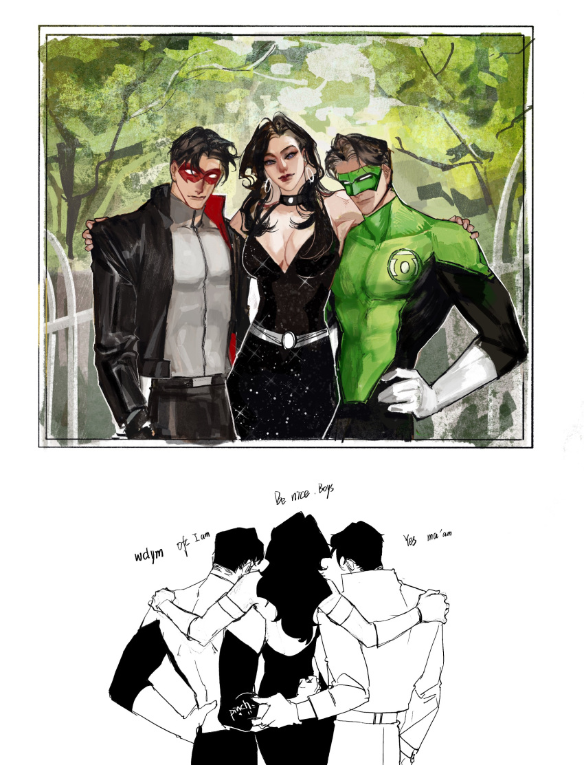 2boys, absurdres, black_hair, bodysuit, breasts, dc_comics, domino_mask, donna_troy