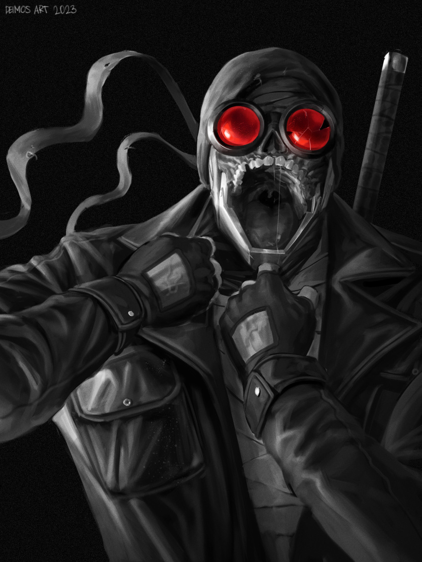 1boy, badass, black_background, deimos_art, fingerless_gloves, goggles, hank_j._wimbleton, madness_combat