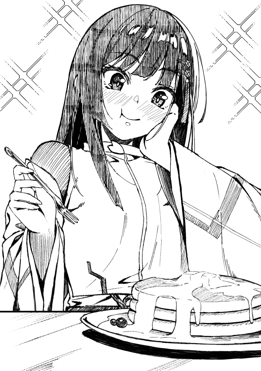 1girl, black_hair, food, hair_ornament, heaven_burns_red, highres, long_hair, metako_(slime_shop)