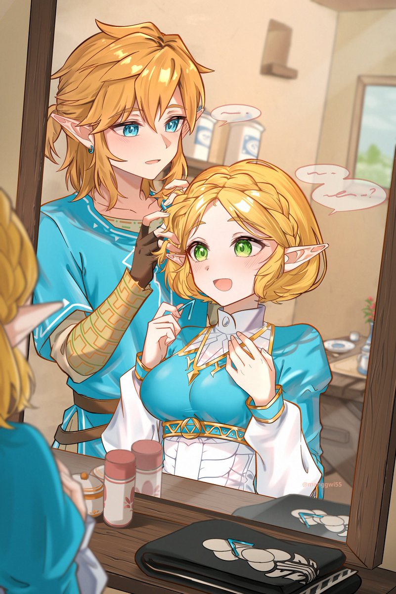 1boy, 1girl, blonde_hair, blue_eyes, blue_tunic, braid, breasts, brown_gloves