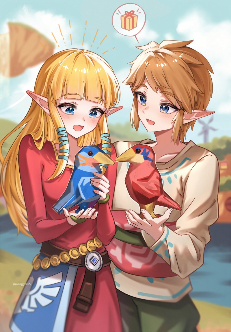 1boy, 1girl, animal, belt, bird, blonde_hair, blue_bird, blue_eyes