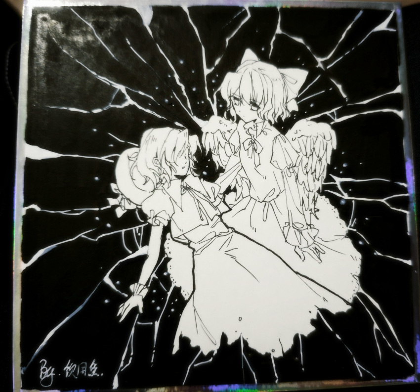 2girls, angel_wings, bow, collared_shirt, crack, expressionless, faceless, faceless_female