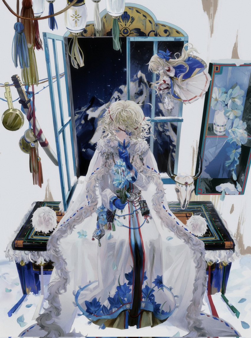 1girl, alice_margatroid, alternate_costume, animal_skull, blonde_hair, blue_eyes, blue_gloves, blue_leotard