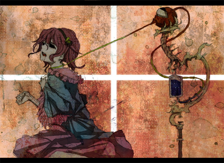 closed_eyes, collar, creepy, cuts, eyes_closed, hair_ornament, hairband, heart