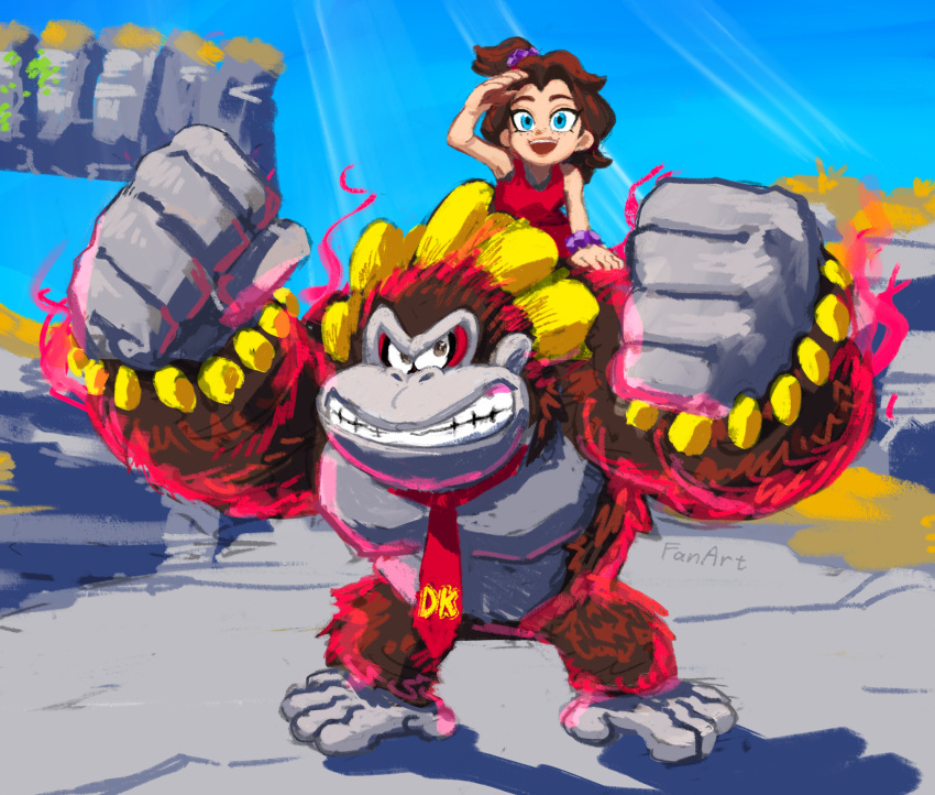 1boy, 1girl, blue_sky, brown_fur, brown_hair, clenched_hands, day, donkey_kong, donkey_kong_(series), donkey_kong_bananza, full_body, furry, furry_male, hands_up, highres, kong_bananza, legs_apart, necktie, open_mouth, outdoors, pauline_(mario), pauline_(young)_(mario), red_necktie, shadow, sky, smile, standing, teeth, upper_teeth_only, yamari_(ya_mari_6363)