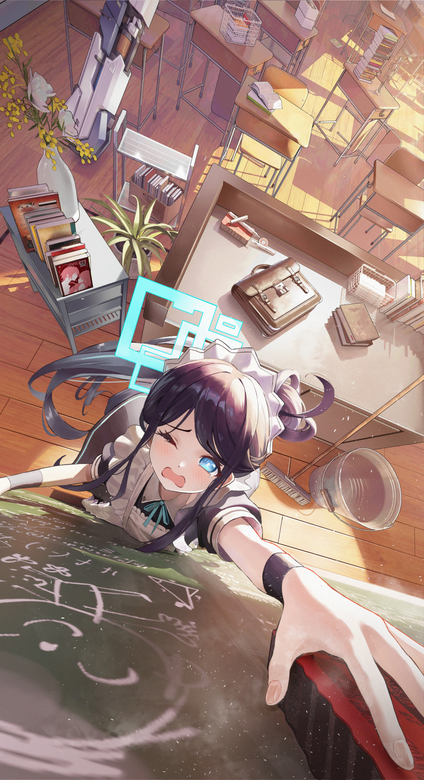 1girl, absurdres, ajaz_(artist), apron, aris_(blue_archive), aris_(maid)_(blue_archive), black_dress, black_hair