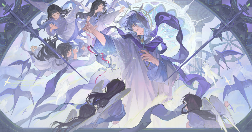 2boys, 6+girls, alternate_costume, angel, angel_wings, bird, black_hair, black_shoes