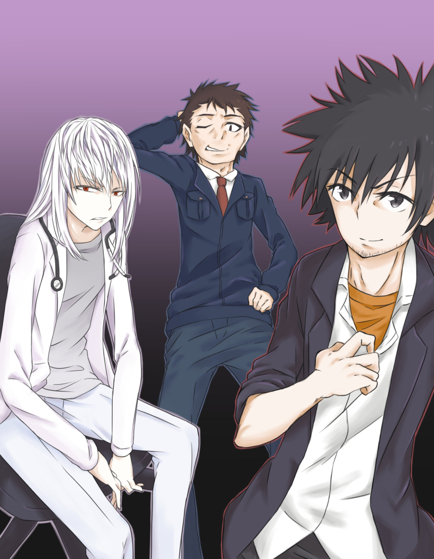 3boys, accelerator_(toaru_majutsu_no_index), aged_up, albino, arm_behind_head, black_hair, black_jacket, black_pants