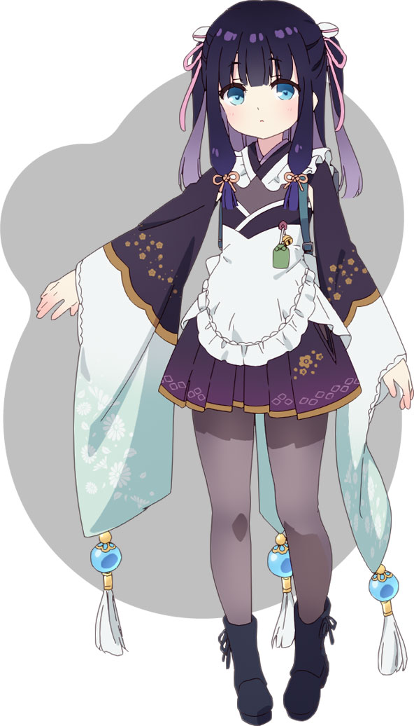 1girl, anime_coloring, apron, black_hair, blue_boots, blue_eyes, blunt_bangs, blush