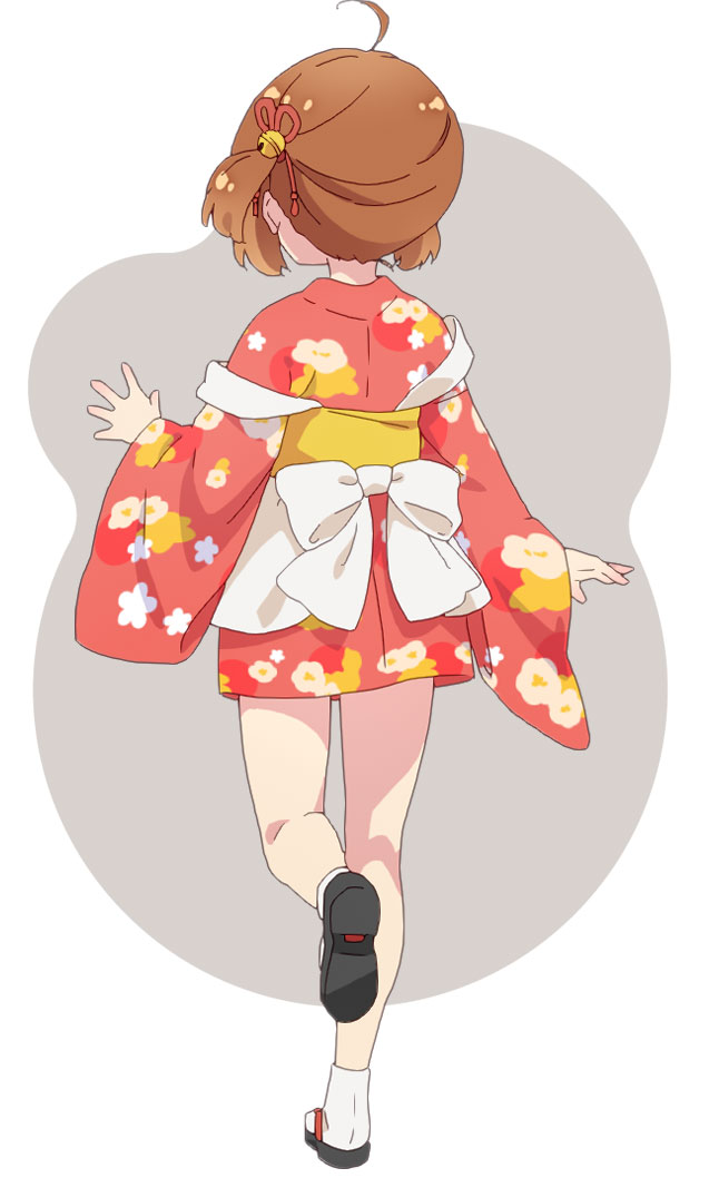1girl, ahoge, anime_coloring, apron, bell, brown_hair, chiyo_(prima_doll), flower