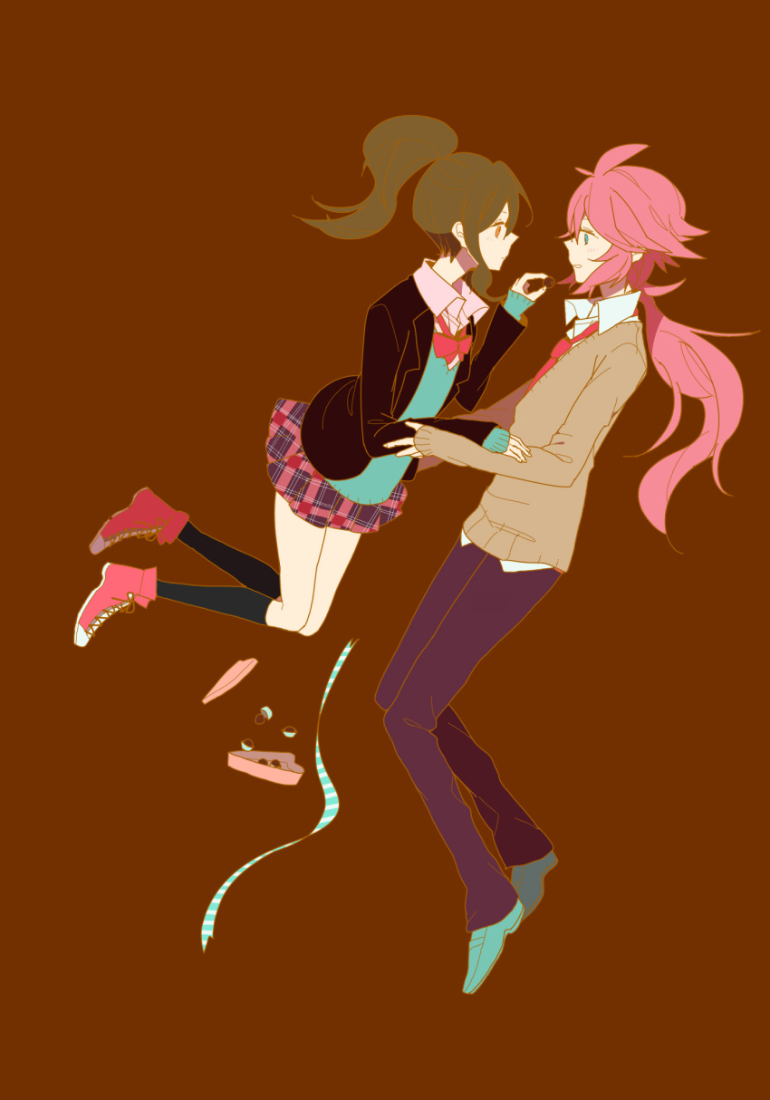1girl, alternate_color, alternate_hair_color, bad_id, blue_eyes, brown_eyes, brown_hair, chocolate, couple, footwear, highres, hira_(mcohira), jumping, kneehighs, long_hair, n_(pokemon), no_hat, no_headwear, pink_hair, plaid, pokemon, pokemon_(game), pokemon_black_and_white, pokemon_bw, ponytail, school_uniform, simple_background, skirt, socks, sweater, touko_(pokemon), uniform, valentine