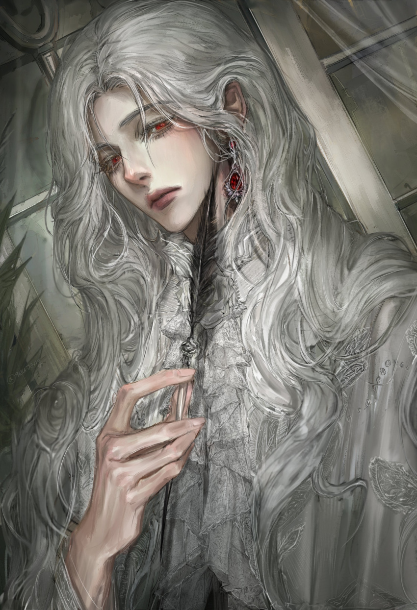 1boy, 9eujang, absurdres, ascot, bishounen, closed_mouth, commission, curtained_hair