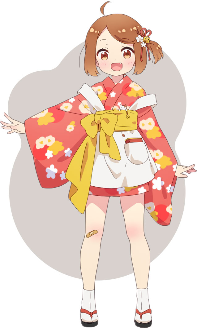 1girl, :d, ahoge, anime_coloring, apron, bandaid, bandaid_on_leg, bell