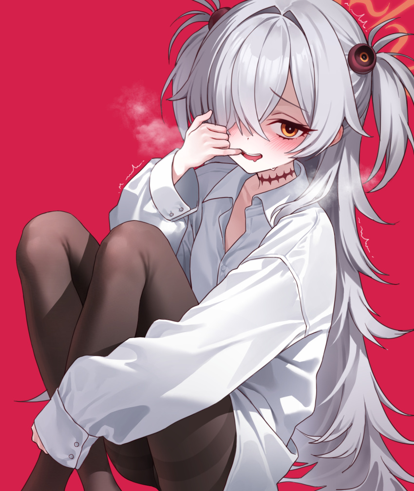 1girl, black_pantyhose, blue_archive, blush, breasts, brown_halo, buttons, chano39, collarbone, collared_shirt, commentary, crossed_legs, english_commentary, feet_out_of_frame, finger_in_own_mouth, hair_ornament, hair_over_one_eye, halo, hand_on_own_leg, hand_up, heavy_breathing, highres, kanoe_(blue_archive), knees_up, legs, long_hair, long_sleeves, looking_at_viewer, open_mouth, pantyhose, red_background, scar, scar_on_neck, shirt, single_sleeve_past_wrist, sitting, small_breasts, smile, solo, sweat, sweatdrop, teeth, thighband_pantyhose, thighs, trembling, two_side_up, upper_teeth_only, very_long_hair, white_hair, white_shirt, yellow_eyes