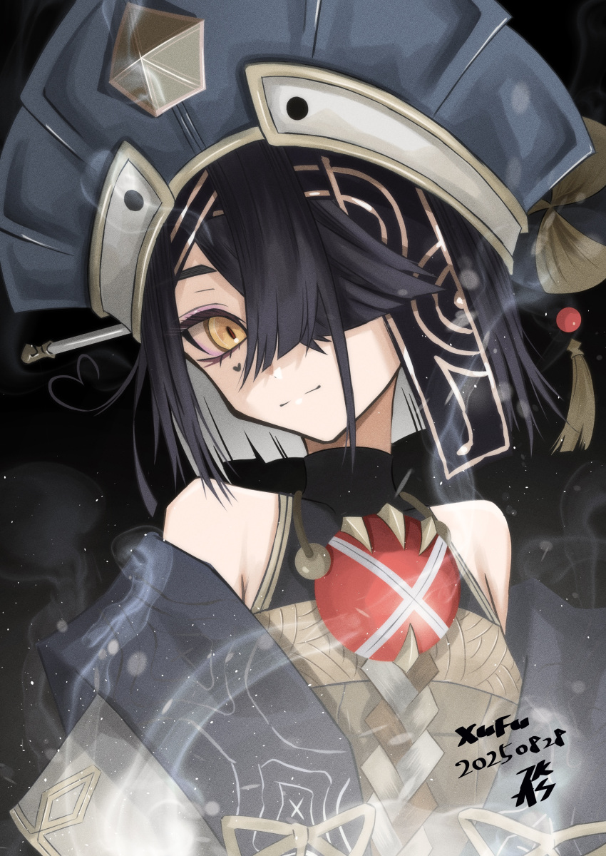 1girl, absurdres, ahoge, bare_shoulders, black_background, black_hair, black_headband, blue_hanfu, blue_hat, breasts, brown_eyes, chaperon_hat, chinese_clothes, chinese_knot, crossed_bangs, dress, fate/grand_order, fate_(series), gem, hair_ornament, hair_over_one_eye, hair_stick, hanfu, hanfu_partially_removed, hat, head_tilt, headband, heart, heart-shaped_mole, heart_ahoge, highres, light_smile, looking_at_viewer, mole, mole_under_eye, orb, short_hair, sideways_glance, small_breasts, smoke, solo, straight_hair, tassel, tsukaasa, turning_head, turtleneck, turtleneck_dress, upper_body, white_dress, wide_sleeves, xu_fu_(fate), xu_fu_(first_ascension)_(fate)