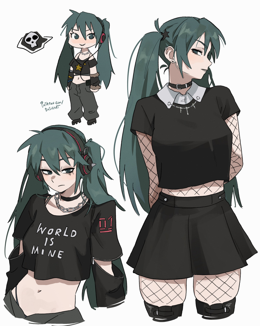 1girl, absurdres, aqua_hair, belt_collar, black_pants, black_shirt, black_skirt, bodystocking, cable, collar, dashi_(dashiart), fishnet_bodystocking, fishnet_pantyhose, fishnets, goth_fashion, hatsune_miku, highres, long_hair, midriff, multiple_views, navel, pants, pantyhose, print_shirt, shirt, simple_background, skirt, speech_bubble, spoken_skull, twintails, vocaloid, walkman, web_address, white_background