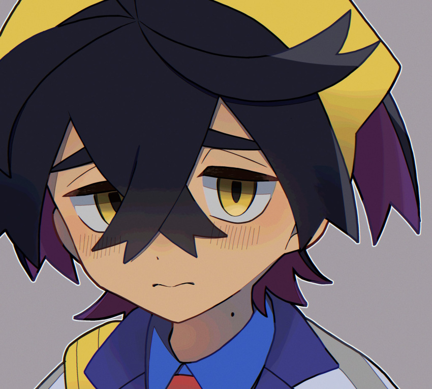 1boy, black_hair, blue_shirt, closed_mouth, collared_shirt, colored_inner_hair, commentary_request, crossed_bangs