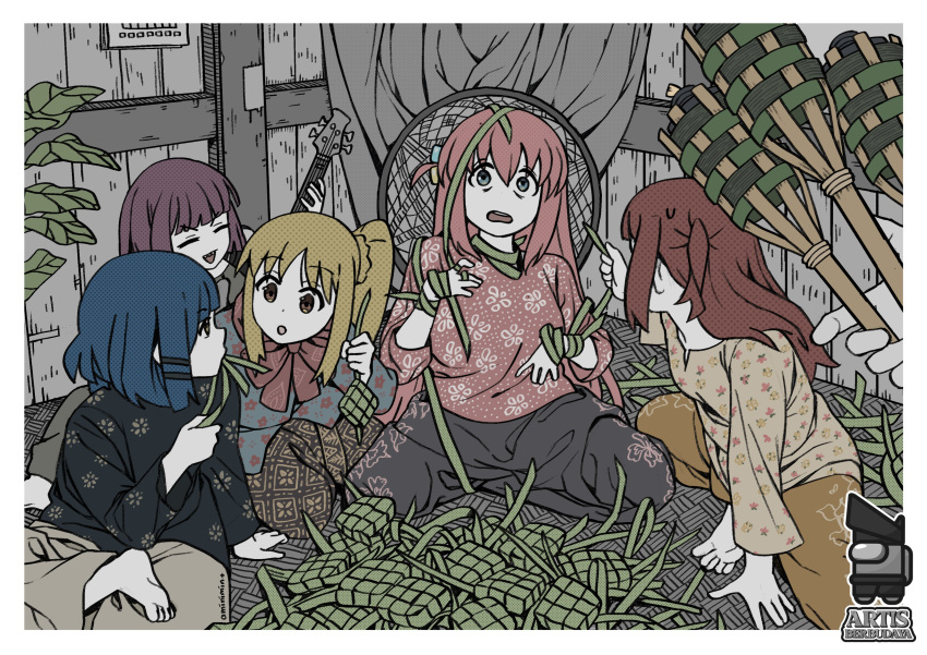 5girls, absurdres, amin_(aminimint), baju_kurung, barefoot, blonde_hair, blue_eyes, blue_hair