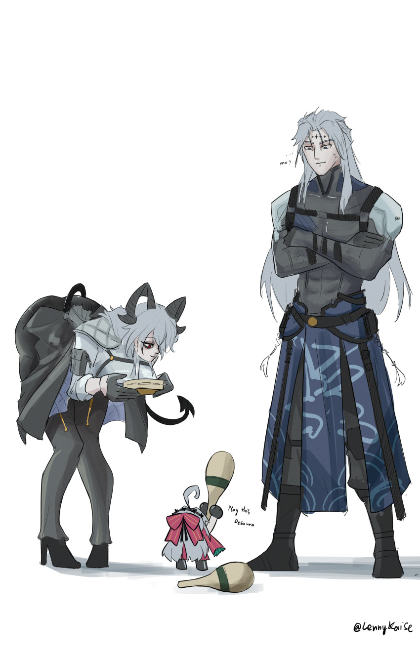 1boy, 2girls, absurdres, black_horns, black_pants, black_shirt, black_tail, bow