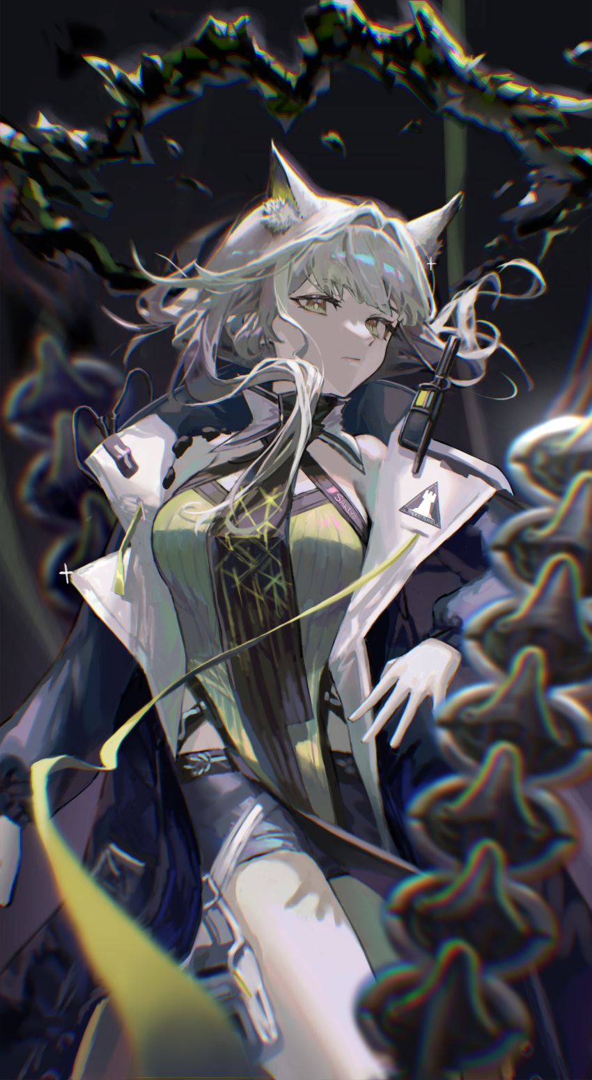 1girl, absurdres, animal_ear_fluff, animal_ears, arknights, artist_name, black_coat, blurry
