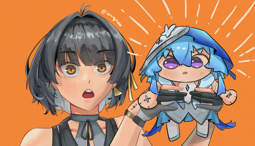 2girls, absurdres, bare_shoulders, black_gloves, black_hair, blue_hair, blue_veil, colored_inner_hair