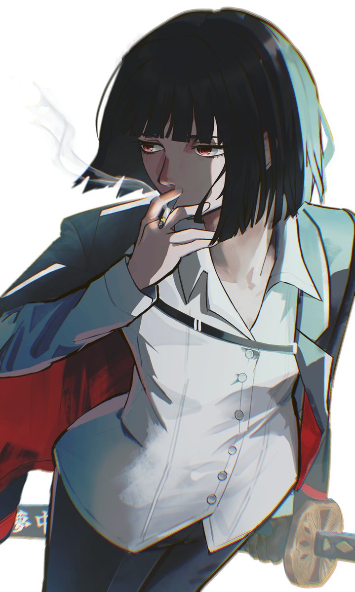 1girl, black_coat, black_hair, black_pants, bob_cut, cigarette, coat, coat_on_shoulders, collared_shirt, highres, holding, holding_sword, holding_weapon, kaameemon, limbus_company, long_sleeves, looking_to_the_side, pants, project_moon, red_eyes, ryoshu_(project_moon), shirt, short_hair, simple_background, smoking, solo, standing, sword, upper_body, weapon, white_background, white_shirt