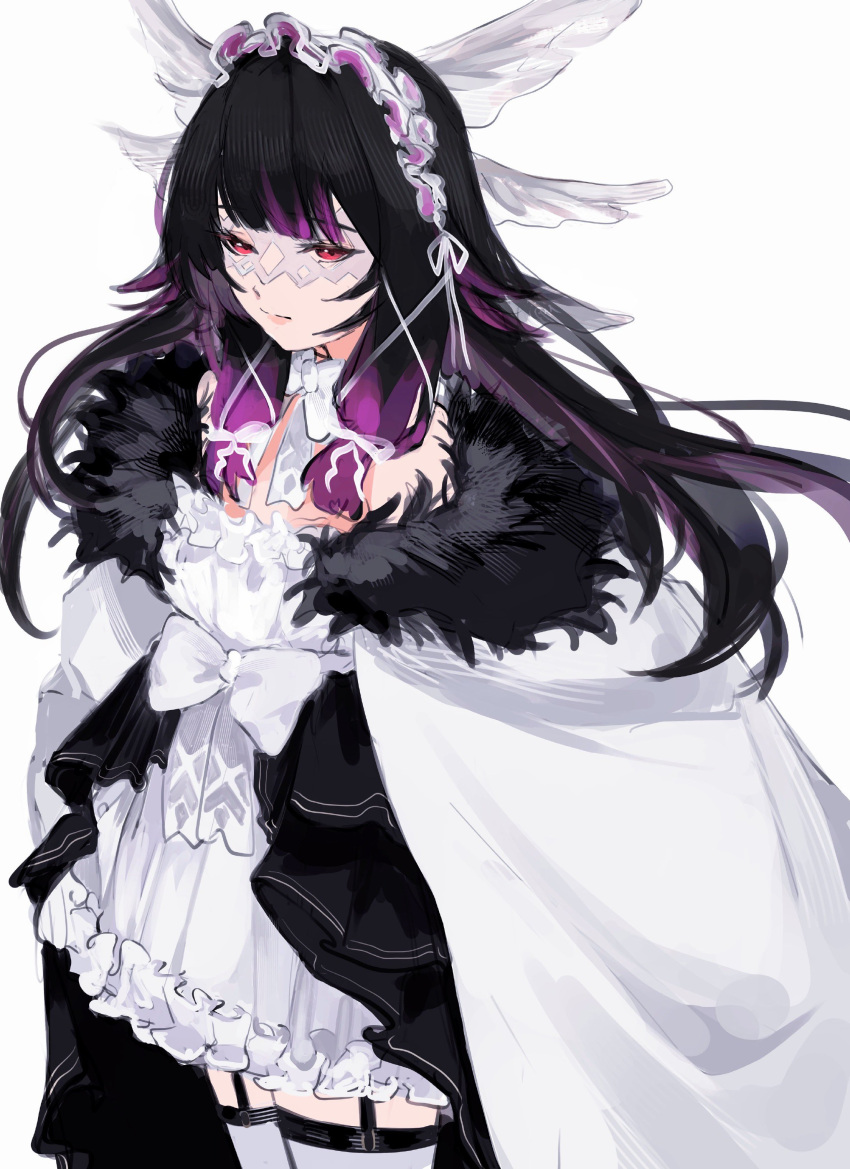 1girl, absurdres, black_garter_straps, black_hair, closed_mouth, coat, columbina_(genshin_impact), cowboy_shot, dress, eye_mask, frilled_dress, frills, fur-trimmed_coat, fur_trim, garter_straps, genshin_impact, head_wings, headdress, highres, long_hair, looking_at_viewer, multicolored_hair, pink_hair, red_eyes, sa_3987, simple_background, solo, thigh-highs, two-tone_hair, veil, white_background, white_coat, white_dress, white_mask, white_thighhighs, white_veil, wings, zettai_ryouiki