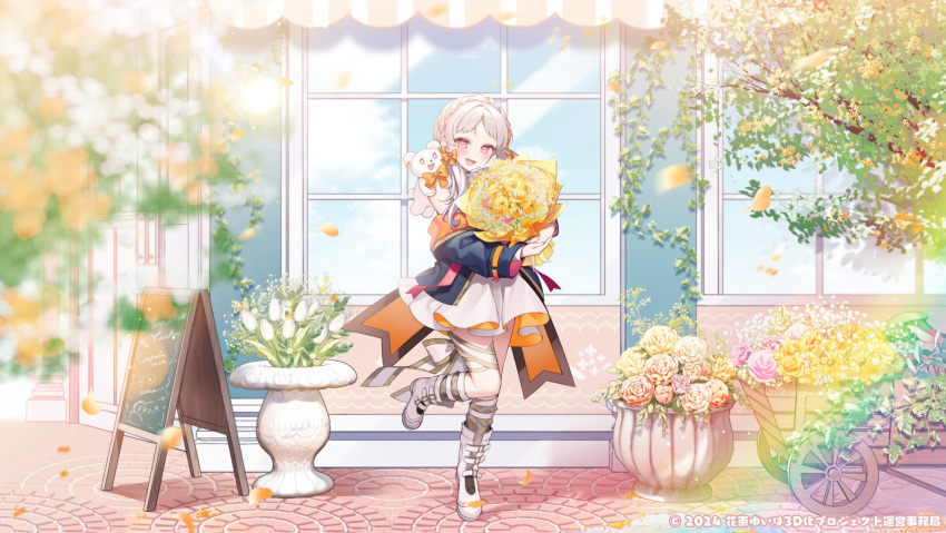 1girl, anzu_1026, bare_shoulders, black_jacket, black_socks, blush, boots, bouquet