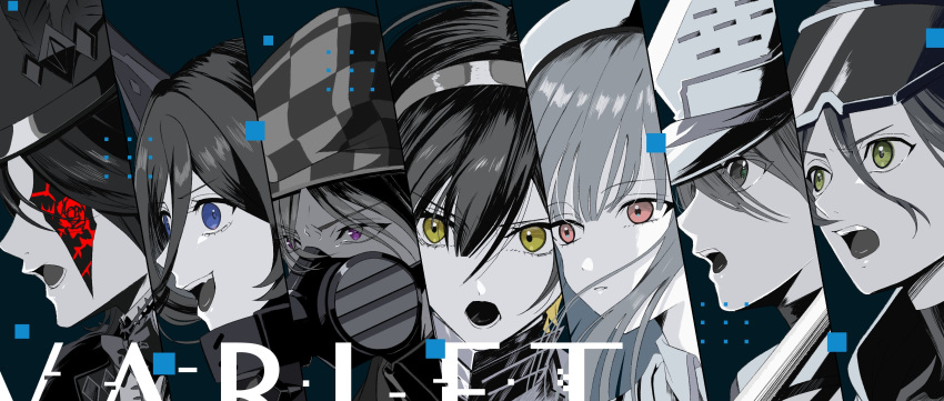 absurdres, arisaka_aruka, copyright_name, everyone, gas_mask, hat, hatsuse_noa, highres