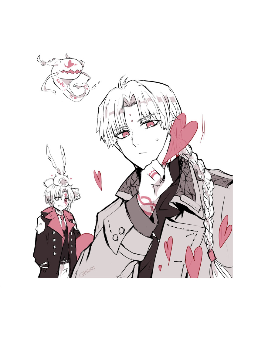 2boys, absurdres, allen_walker, antenna_hair, atuuda, belt, black_order_uniform, braid, braided_ponytail, coat, collared_coat, creature, creature_on_head, cross, d.gray-man, facial_mark, finger_tattoo, forehead_mark, golem_(d.gray-man), hair_between_eyes, hair_over_shoulder, hand_in_pocket, heart, heterochromia, highres, holding, holding_heart, horns, howard_link, long_hair, looking_at_viewer, male_focus, monochrome, multiple_boys, necktie, pants, parted_lips, pink_eyes, pink_necktie, scar, scar_across_eye, scar_on_face, shirt, short_hair, sidelocks, simple_background, smile, sodamachi, spot_color, star_(symbol), star_facial_mark, striped_coat, sweat, sweatdrop, tail, tattoo, tentacles, timcanpy, trench_coat, turtleneck, turtleneck_shirt, vest, white_background, wings, wrist_tattoo