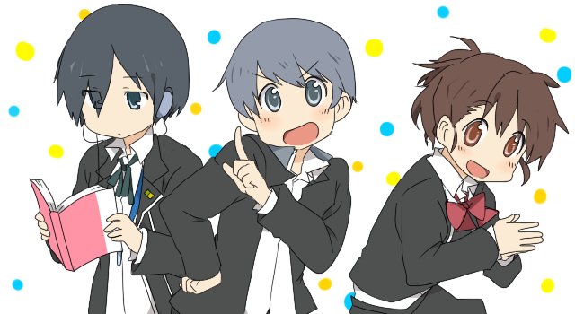 arawi_keiichi_(style), arisato_minato, bad_id, blue_eyes, blue_hair, book, brown_hair, expressionless
