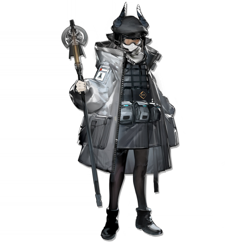 1girl, arknights, full_body, official_art, rhodes_island_uniform, simple_background, solo, standing