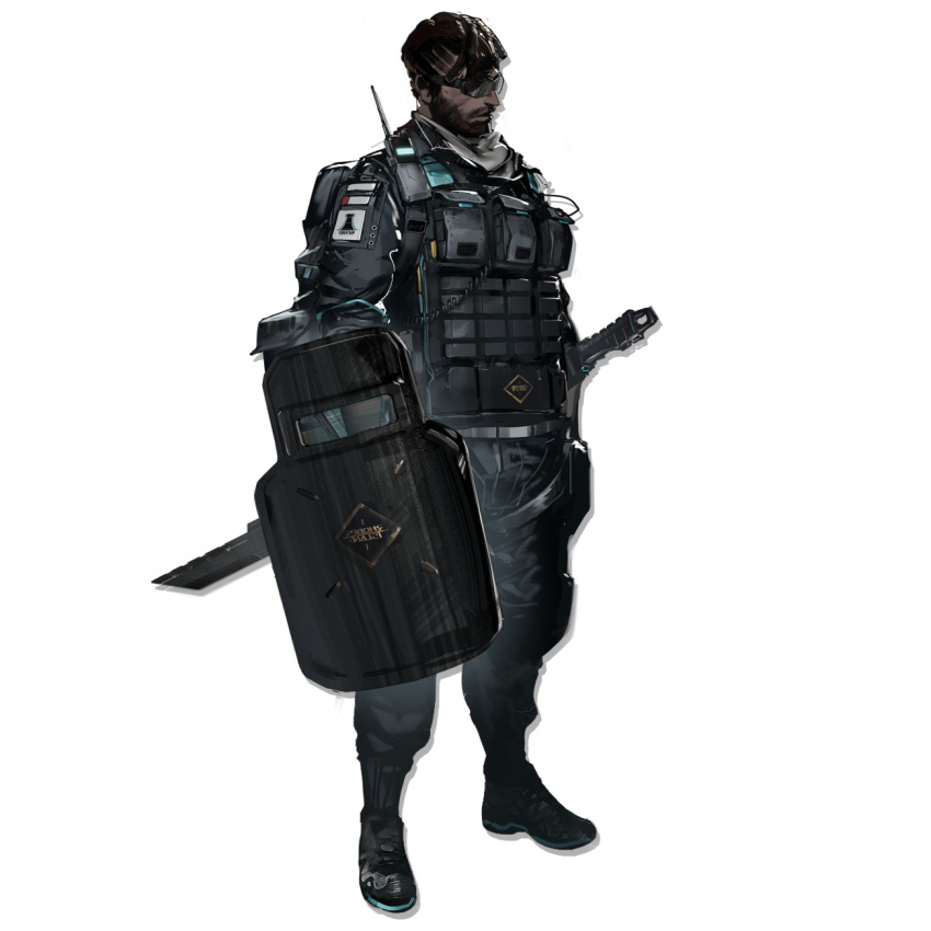 1boy, arknights, full_body, highres, male_focus, official_art, rhodes_island_uniform, sharp_(arknights)