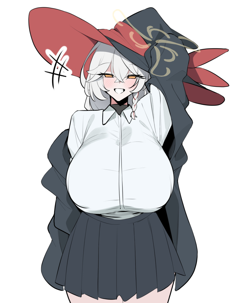 1girl, absurdres, black_skirt, blue_archive, braid, breasts, collared_shirt, eri_(blue_archive), grin, hat, highres, huge_breasts, jacket, jahe_(73732258), korean_commentary, long_hair, orange_eyes, oversized_hat, shirt, single_braid, skirt, smile, tilted_halo, white_hair, white_shirt, witch_hat