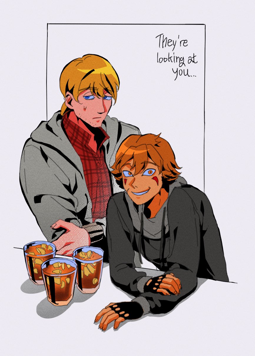 2boys, averting_eyes, black_gloves, black_hoodie, blonde_hair, blue_eyes, boyfriend_to_death, brown_hair