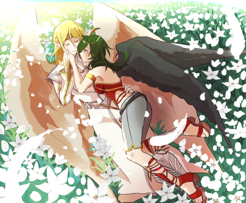 1boy, 1girl, absurdres, angel_wings, armlet, bird, bird_girl, bird_wings
