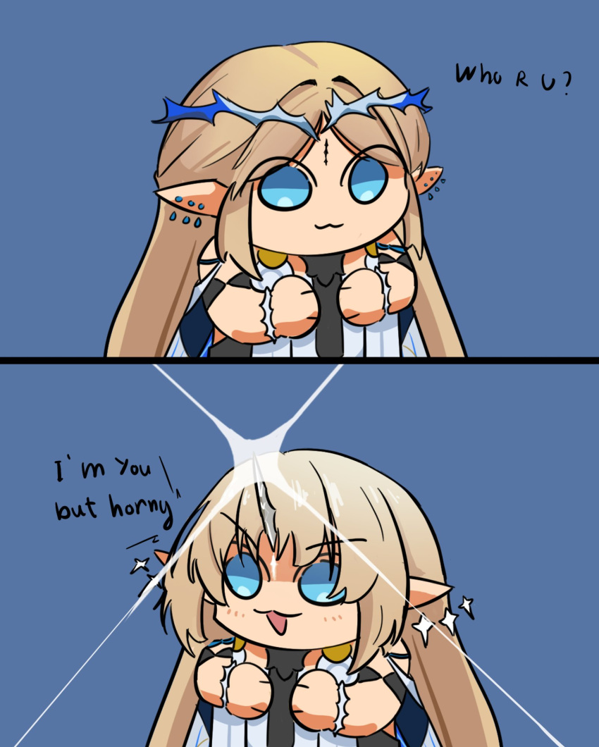 2girls, :3, blonde_hair, blue_background, cartethyia_(wuthering_waves), closed_mouth, commentary, crown_of_thorns