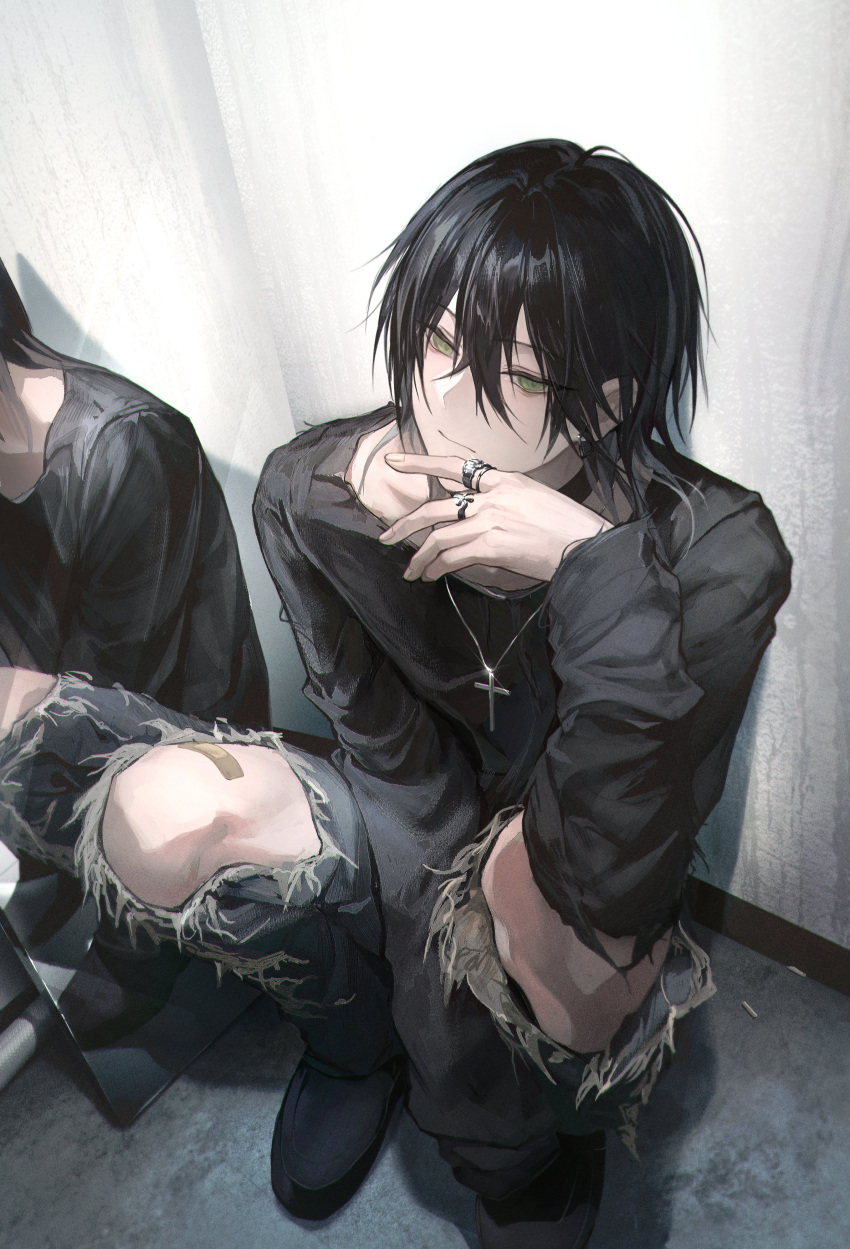 1boy, absurdres, black_hair, black_shirt, black_shoes, closed_mouth, cross, cross_necklace