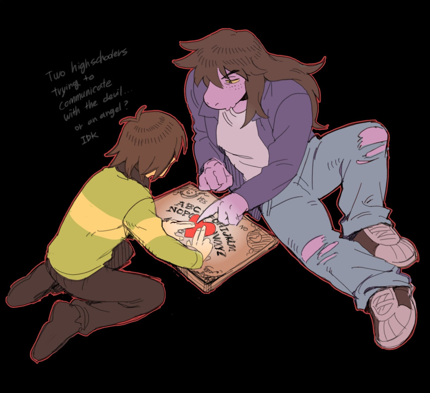 1girl, 1other, black_background, brown_hair, brown_pants, colored_sclera, colored_skin, deltarune